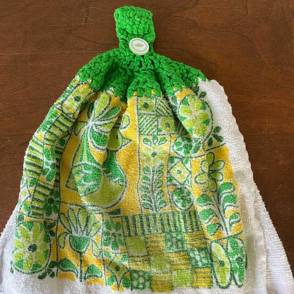 1970s Crochet Kitchen Towel Granny style with button loop hanger